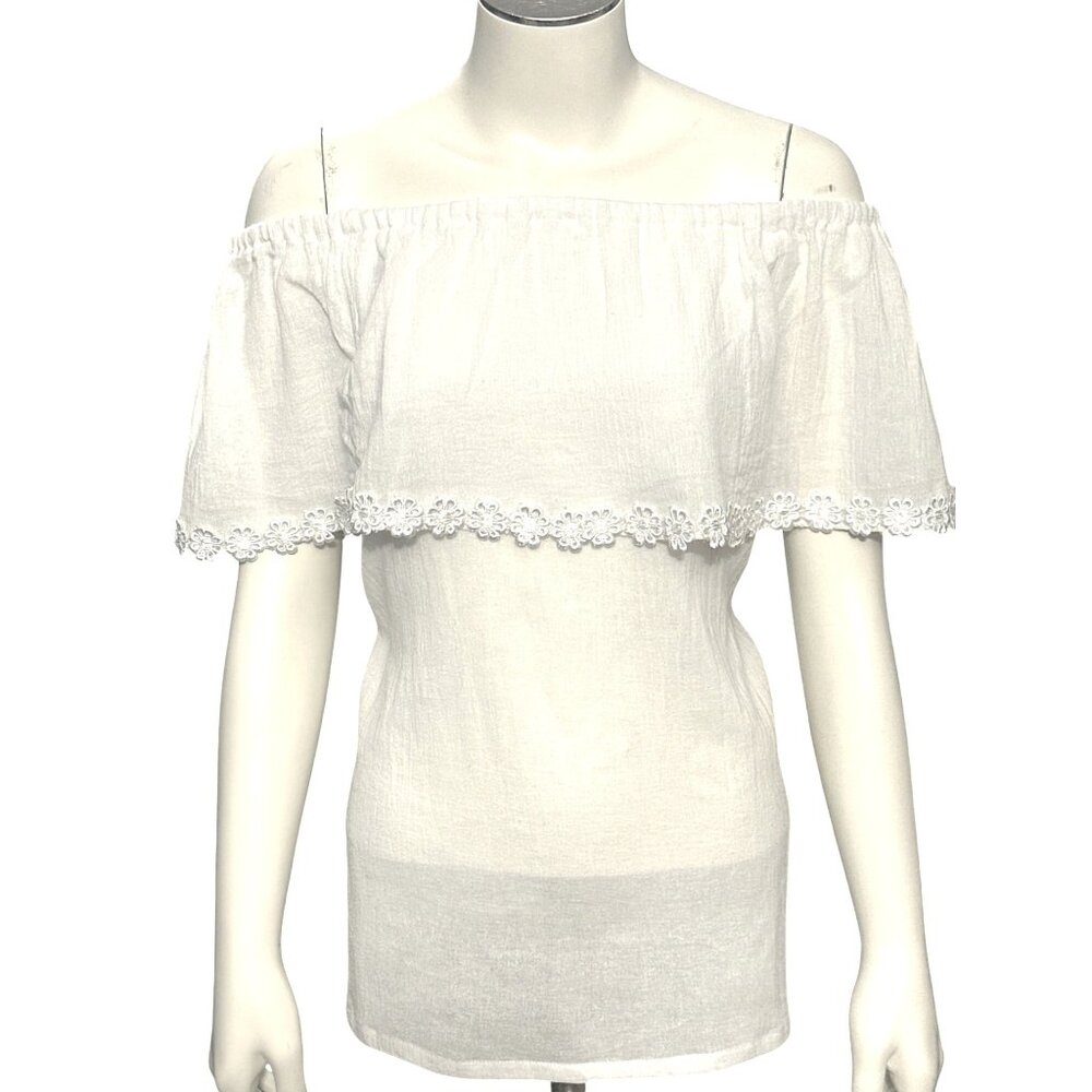 Handmade Off Shoulder White Cotton Blouse Floral Embroidery Back Lace Trim Large